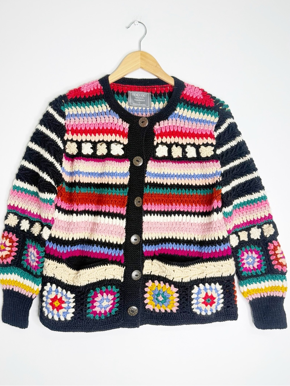 Sundance French Knot Handmade Crochet Granny Square Cardigan Size L NWOT